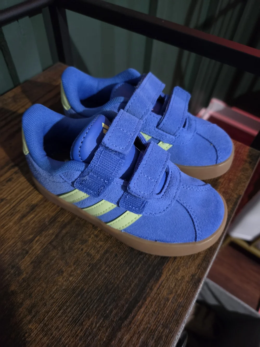 adidas Kids Blue Suede Sneakers with Lime Stripes